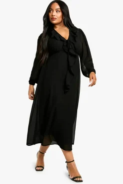 Smock Dresses*boohoo Plus Woven Ruffle Midaxi Smock Dress black