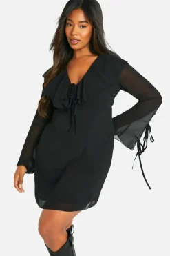 Mini Dresses|Long Sleeve Dresses*boohoo Plus Woven Ruffle Shift Dress black