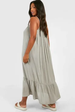 Smock Dresses*boohoo Plus Woven Strappy Tiered Hem Midaxi Dress stone