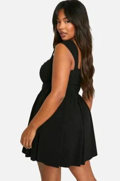 Skater Dresses|Mini Dresses*boohoo Plus Woven Stretch Corset Detail Short Sleeve Floaty Mini Dress black