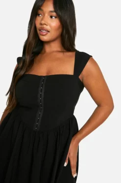 Skater Dresses|Mini Dresses*boohoo Plus Woven Stretch Corset Detail Short Sleeve Floaty Mini Dress black
