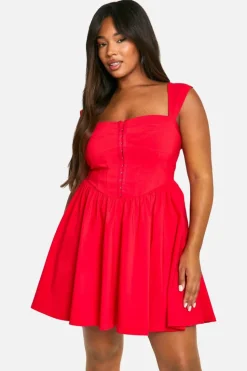 Skater Dresses|Mini Dresses*boohoo Plus Woven Stretch Corset Detail Short Sleeve Floaty Mini Dress red
