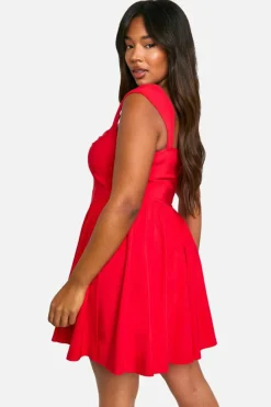 Skater Dresses|Mini Dresses*boohoo Plus Woven Stretch Corset Detail Short Sleeve Floaty Mini Dress red