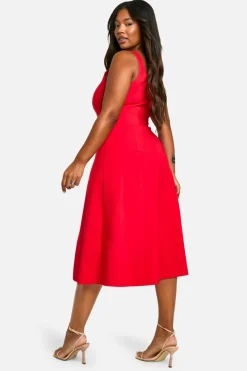 Midi Dresses*boohoo Plus Woven Stretch Corset Detail Floaty Midi Dress red