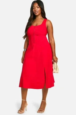 Midi Dresses*boohoo Plus Woven Stretch Corset Detail Floaty Midi Dress red