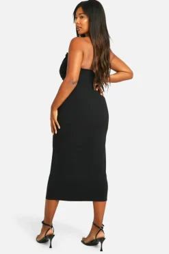 Skater Dresses*boohoo Plus Woven Stretch Deep Plunge Column Midaxi Dress black