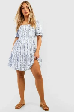 Smock Dresses*boohoo Plus Woven Stripe Floral Smock Dress blue