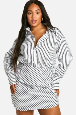 Shirt Dresses*boohoo Plus Woven Stripe Ruched Shirt Dress white