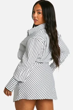 Shirt Dresses*boohoo Plus Woven Stripe Ruched Shirt Dress white