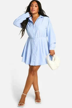 Shirt Dresses*boohoo Plus Woven Stripe Skater Shirt Dress blue
