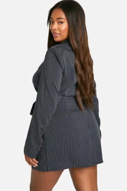 Wrap Dresses*boohoo Plus Woven Stripe Tailored Wrap Dress navy