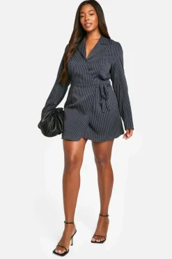 Wrap Dresses*boohoo Plus Woven Stripe Tailored Wrap Dress navy