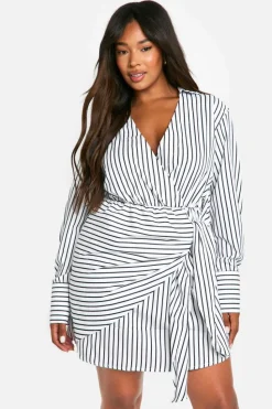 Shirt Dresses|Wrap Dresses*boohoo Plus Woven Stripe Wrap Shirt Dress white