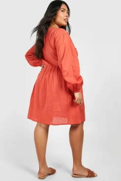 Smock Dresses*boohoo Plus Woven V Neck Smock Dress rust