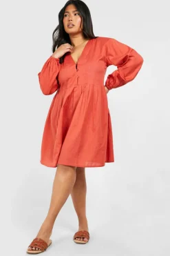 Smock Dresses*boohoo Plus Woven V Neck Smock Dress rust