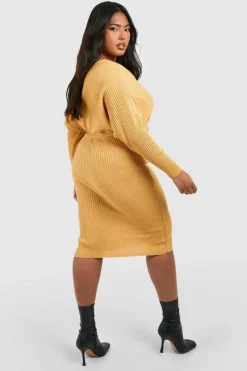 Jumper Dresses|Jumper Dresses*boohoo Plus Wrap Knitted Midi Dress camel
