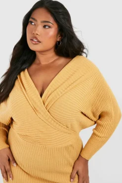 Jumper Dresses|Jumper Dresses*boohoo Plus Wrap Knitted Midi Dress camel