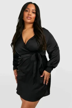 Wrap Dresses|Mini Dresses*boohoo Plus Wrap Satin Dress black