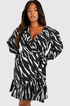 Wrap Dresses|Mini Dresses*boohoo Plus Zebra Long Sleeve Wrap Dress black