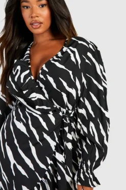 Wrap Dresses|Mini Dresses*boohoo Plus Zebra Long Sleeve Wrap Dress black