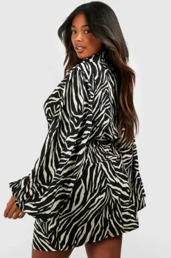Wrap Dresses|Mini Dresses*boohoo Plus Zebra Print Blouson Sleeve Wrap Dress black