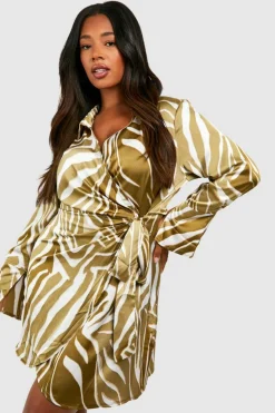Shirt Dresses|Wrap Dresses*boohoo Plus Zebra Print Wrap Shirt Dress khaki