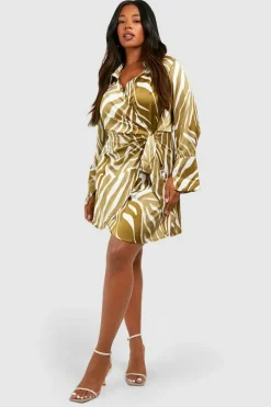 Shirt Dresses|Wrap Dresses*boohoo Plus Zebra Print Wrap Shirt Dress khaki