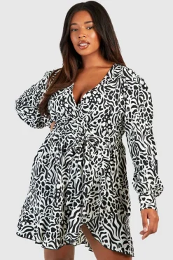 Wrap Dresses|Skater Dresses*boohoo Plus Zebra Wrap Ruffle Skater Dress black