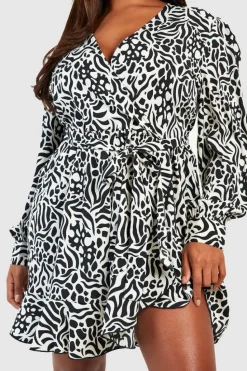 Wrap Dresses|Skater Dresses*boohoo Plus Zebra Wrap Ruffle Skater Dress black