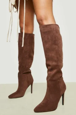 Over The Knee Boots|Knee High Boots*boohoo Pointed Knee High Stiletto Heeled Boots chocolate