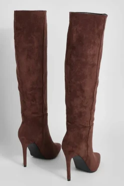 Over The Knee Boots|Knee High Boots*boohoo Pointed Knee High Stiletto Heeled Boots chocolate