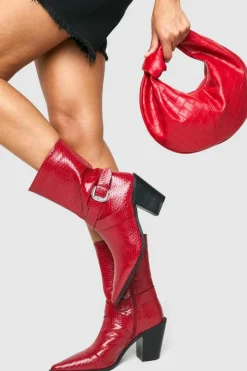 Cowboy Boots|All Boots*boohoo Pointed Snakeskin Buckle Detail Western Boots red