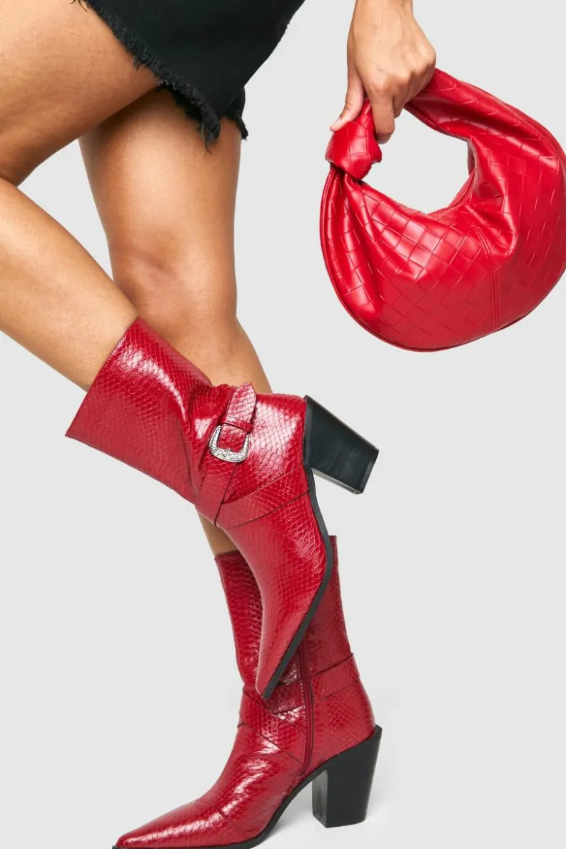 Cowboy Boots|All Boots*boohoo Pointed Snakeskin Buckle Detail Western Boots red