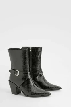 Cowboy Boots|All Boots*boohoo Pointed Snakeskin Buckle Detail Western Boots black