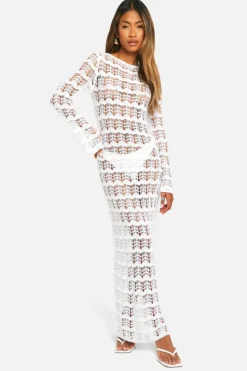 Jumper Dresses|Jumper Dresses*boohoo Pointelle Lace Up Back Detail Knitted Maxi Dress white