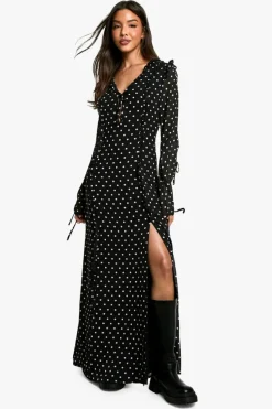 Maxi Dresses|Long Sleeve Dresses*boohoo Polka Dot Chiffon Flare Sleeve Maxi Dress black