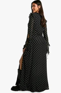 Maxi Dresses|Long Sleeve Dresses*boohoo Polka Dot Chiffon Flare Sleeve Maxi Dress black