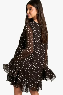 Smock Dresses|Mini Dresses*boohoo Polka Dot Chiffon Smock Dress chocolate