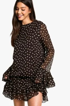 Smock Dresses|Mini Dresses*boohoo Polka Dot Chiffon Smock Dress chocolate