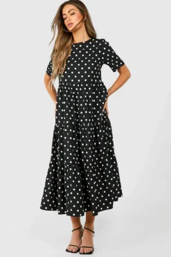 Smock Dresses*boohoo Polka Dot Cotton Midaxi Smock Dress black