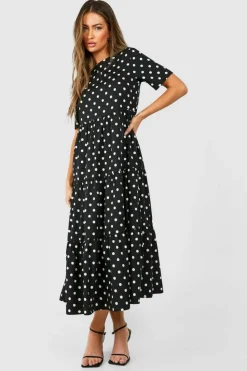 Smock Dresses*boohoo Polka Dot Cotton Midaxi Smock Dress black
