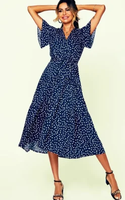 Wrap Dresses*FS Collection Polka Dot Hem Tiered Wrap Midi Dress In Navy
