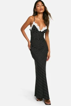 Maxi Dresses|Cami Dresses*boohoo Polka Dot Lace Trim Maxi Dress black
