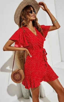 Wrap Dresses*FS Collection Polka Dot Mini Wrap Style Dress Red