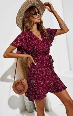 Wrap Dresses*FS Collection Polka Dot Mini Wrap Style Dress Wine