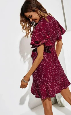 Wrap Dresses*FS Collection Polka Dot Mini Wrap Style Dress Wine
