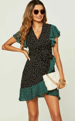 Wrap Dresses*FS Collection Polka Dot Print Mini Wrap Dress In Dark & Black Green