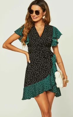 Wrap Dresses*FS Collection Polka Dot Print Mini Wrap Dress In Dark & Black Green