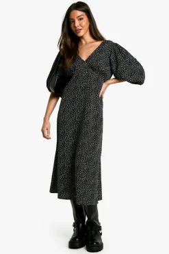 Midi Dresses*boohoo Polka Dot Puff Sleeve Tie Back Midi Dress black