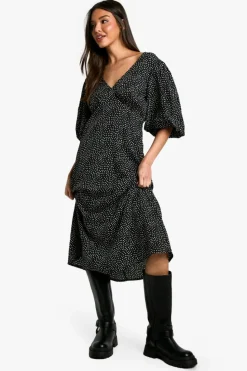Midi Dresses*boohoo Polka Dot Puff Sleeve Tie Back Midi Dress black